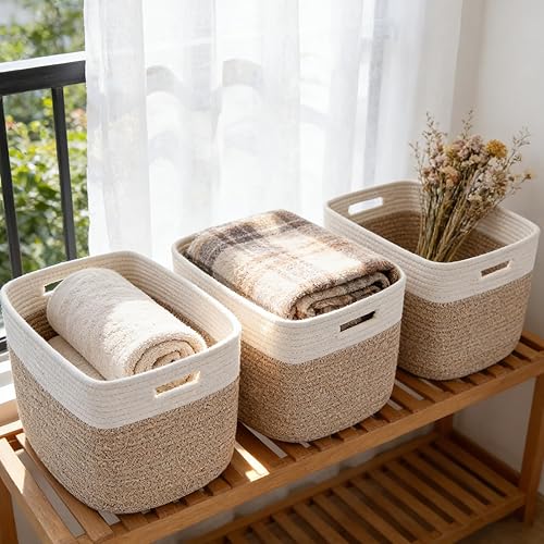 3 Pack Woven Rope Storage Baskets for Shelves,13.5"×11"×9.5" Storage Bins