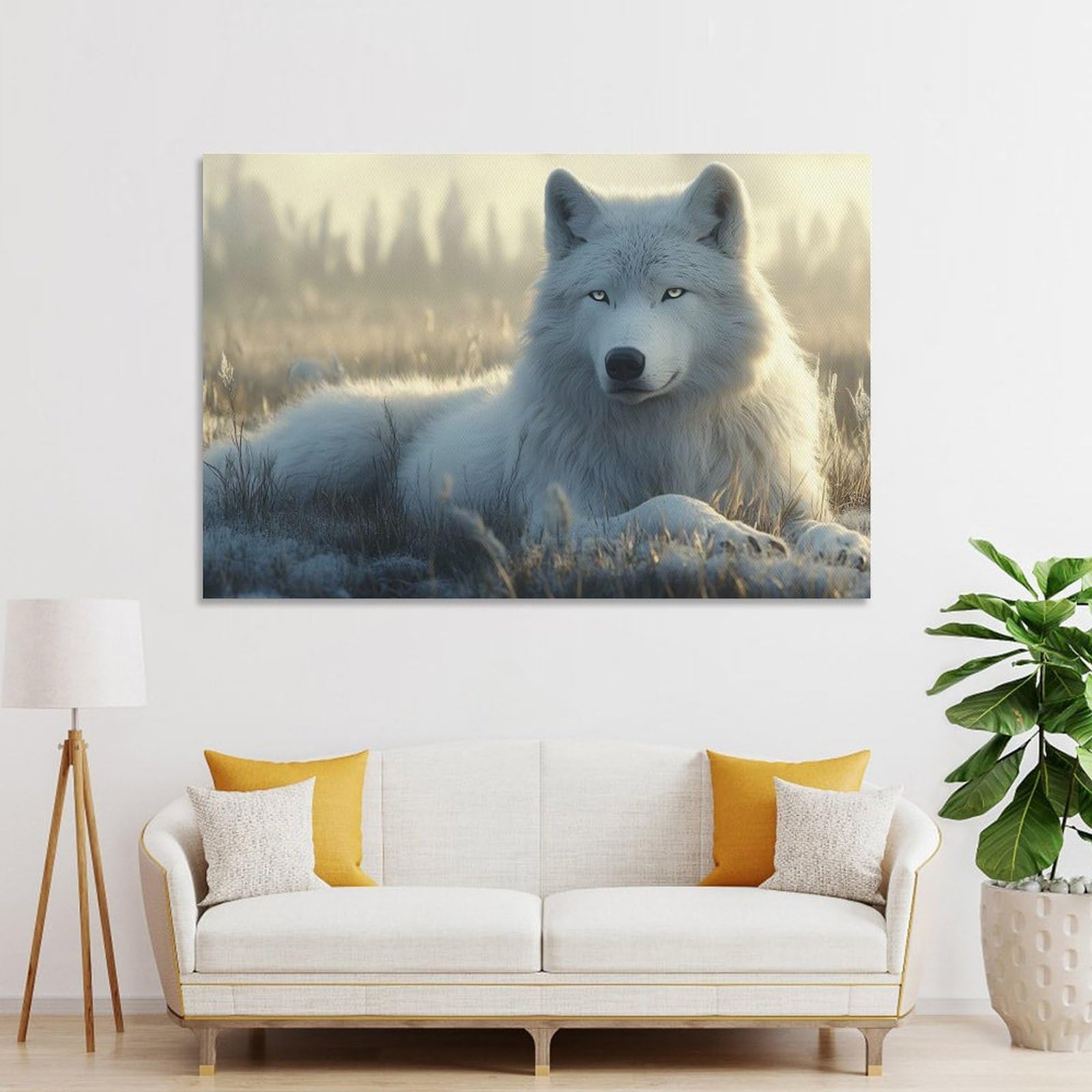 Junmoney Room Decor Wall Art White Wolf Resting in Field, 20x30inch(50x75cm), for Flats, Guest Rooms Or Compact Rooms, Wall Decor with Flexible Room Appeal