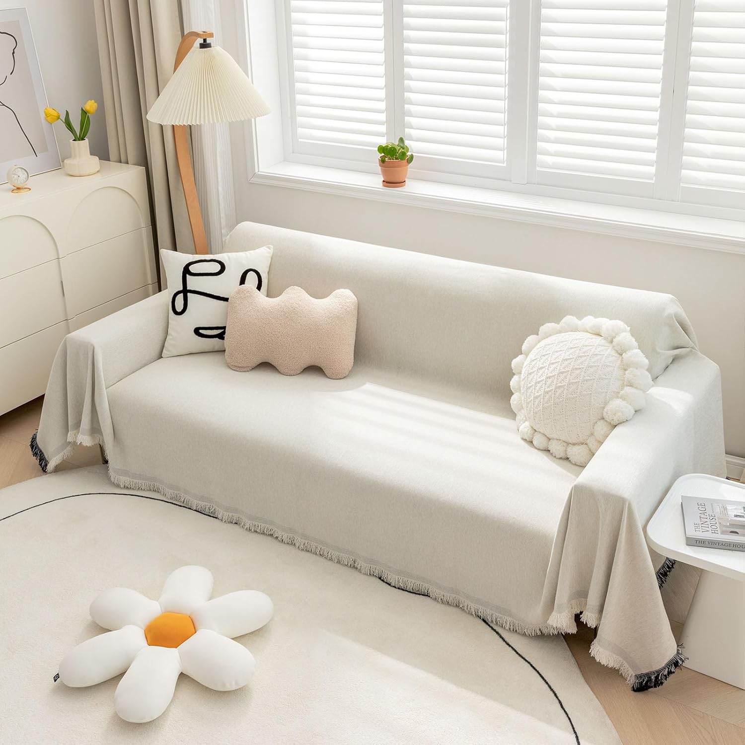 Chenille Sofa Cover Couch Cover with Tassels for L Shaped Sofa - Sofa Blanket Furniture Protector Dog Blanket Machine Washable Couch Cover for Pets Kids Dogs, 71’’ x 102’’, White-Tassel