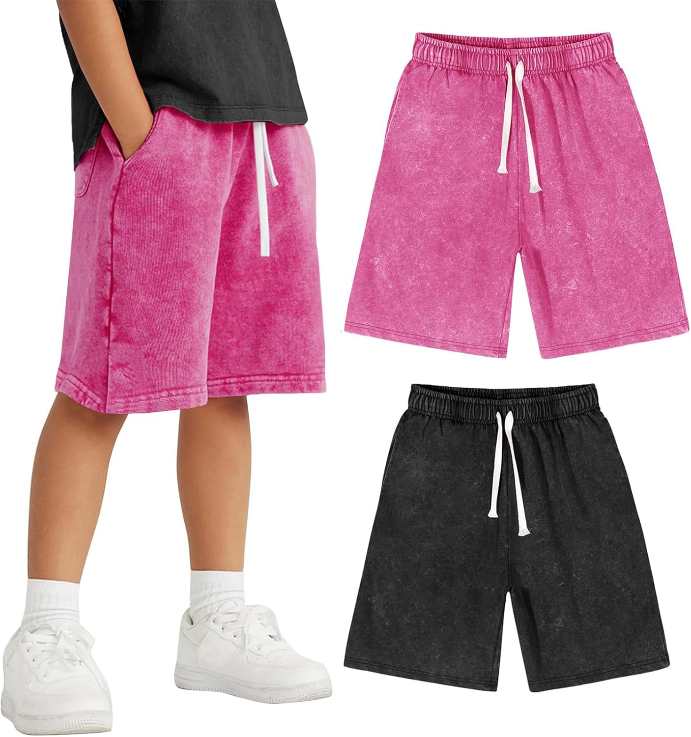 Arssm 2 Pack Boys Shorts Cotton Acid Washed Athletic Shorts Kids Summer Active Shorts with Pockets
