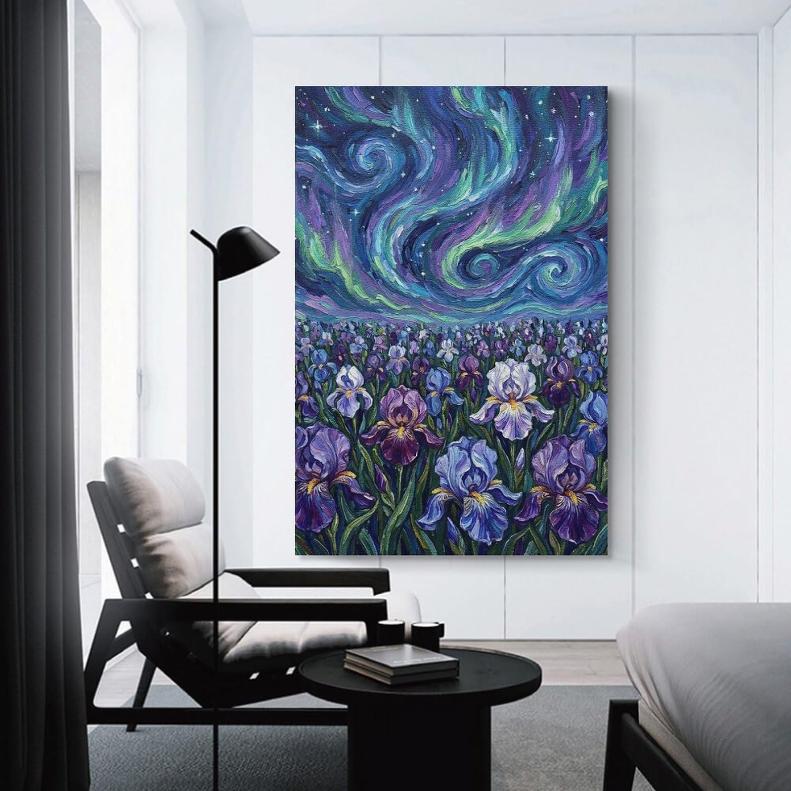 Junmoney Irises Under The Northern Lights Painting Canvas Wall Decor 24x36inch(60x90cm), for Lounge, Study, Hallway Or Flat Walls, Canvas Wall Art That Fits Changing Layouts