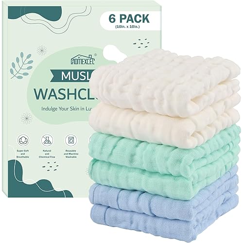 HOMEXCEL Face Wash Cloths 6 Pack, Reusable Makeup Remover Cloths Soft Muslin Washcloths for Sensitive Skin, 10 x 10 Inch Face Towels for Washing (White-Green-Blue)