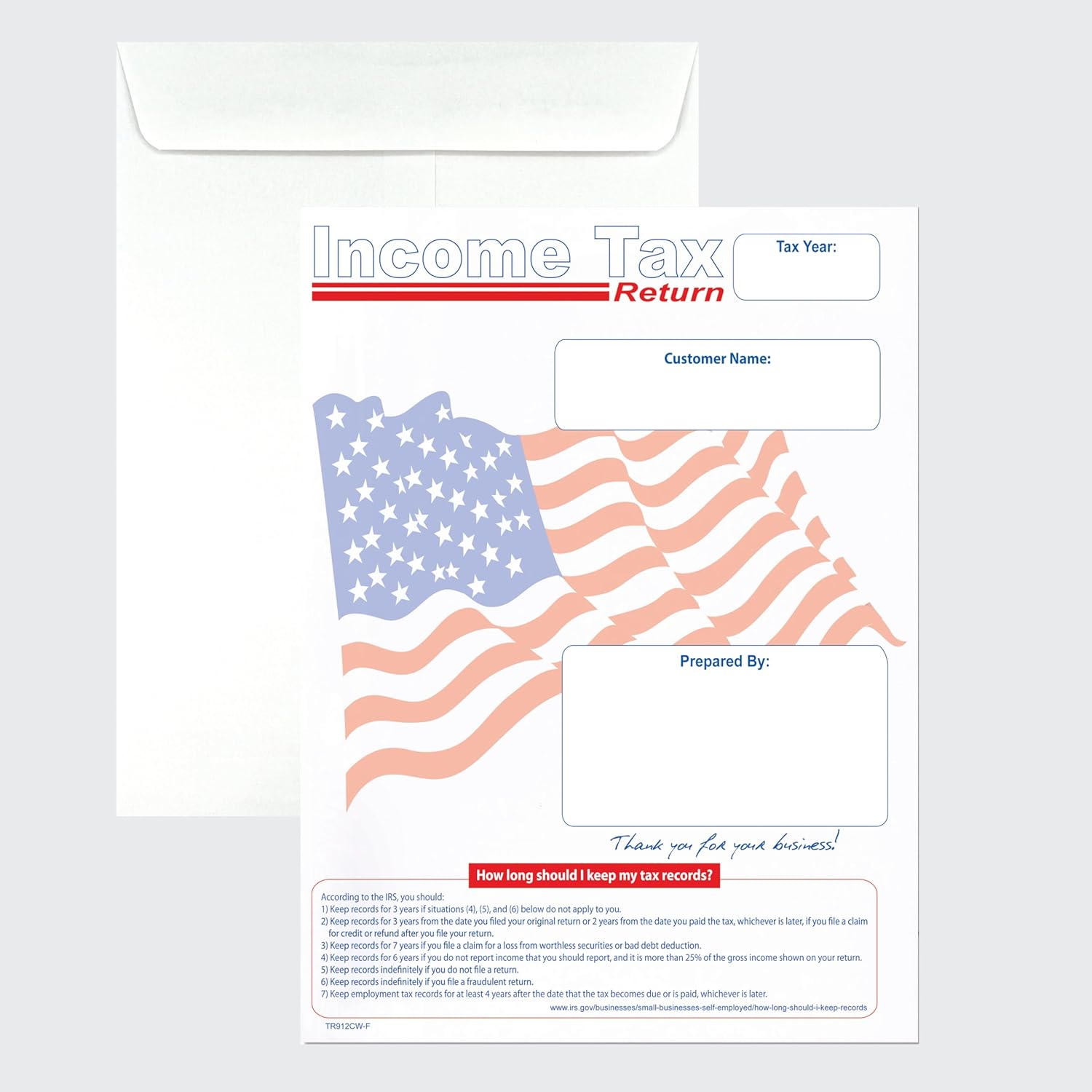 100 Cashier Depot Income Tax Return Envelopes – 9" x 12" Catalog (Open End), American Flag Style, Heavy 28lb White Paper, Gum Flap, Printable & Customizable, 100 Count