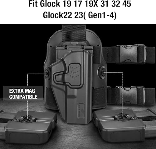 Miniatura 2 de Funda táctica de pierna caída, nivel II para muslos Glock 17, 19, 19X, 22, 23, 31, 32 (Gen1-5), G22 (Gen 1-4), 45Colt-Elite 1911 ForceKimber