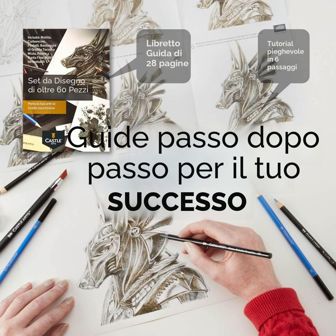 Castle Art Supplies Set da 60 pezzi di disegno e disegno | Grafite, matite solubili in acqua + bastoncini, fineliners | per artisti professionisti e adulti | in custodia con zip