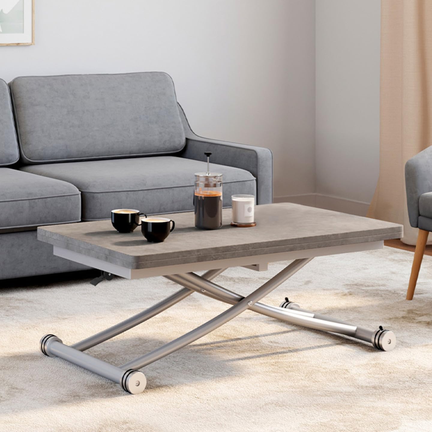 IDMarket – Mesa de centro 2 en 1 elevable en mesa de comedor Urbana hormigón | Rectangular, 100 x 57/114 x 30/75 cm, bandeja efecto hormigón y pie gris cromado