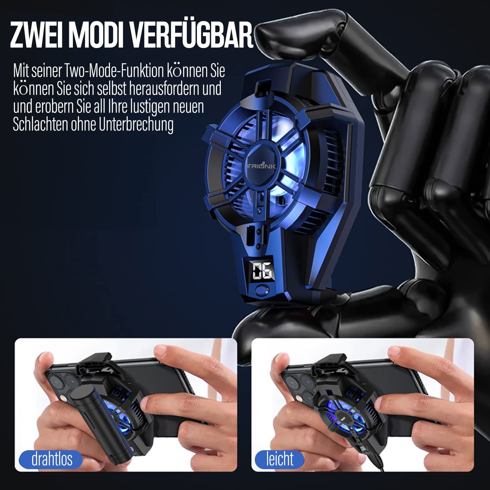 TRILINK Handy-Kühler mit wiederaufladbarem Akku, Handy-Kühlventilator für Spiele, für alle Arten von iPhone und Android Smartphones, Phone Cooler mit LED-Temperaturanzeige/Universalklemme/RGB-LEDs