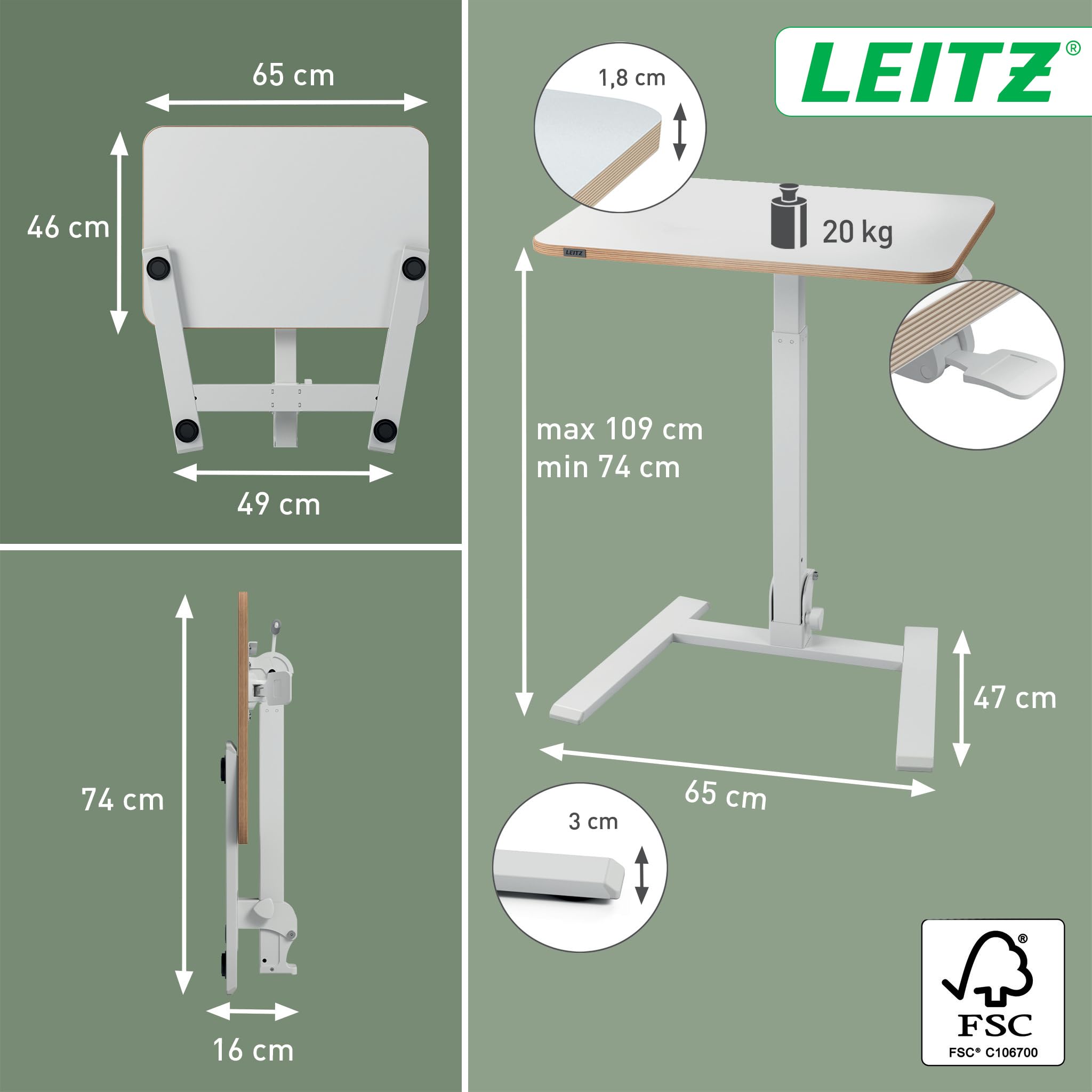 Leitz Ergo Escritorio Compacto Plegable para Trabajar Sentado o de Pie – Mesa Portátil con Asa, pensado para Ordenador Portátil, Soporta hasta 20 kg, 65x46 cm, Blanca, 65880001
