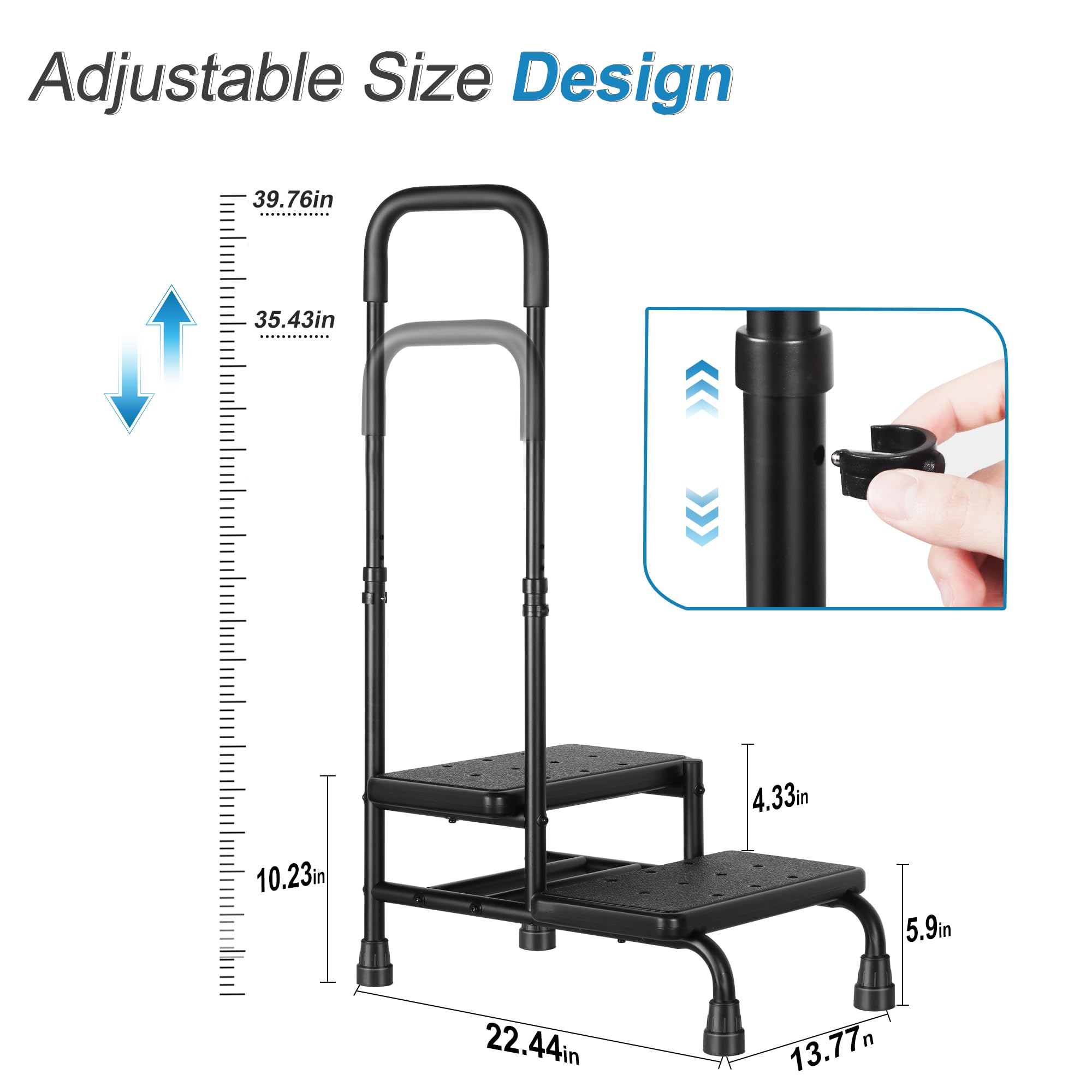 REAQER Taburete con asa para adultos, taburete médico de 2 escalones con pasamanos para adultos, personas mayores, discapacitados, soporta hasta 350 libras (negro)