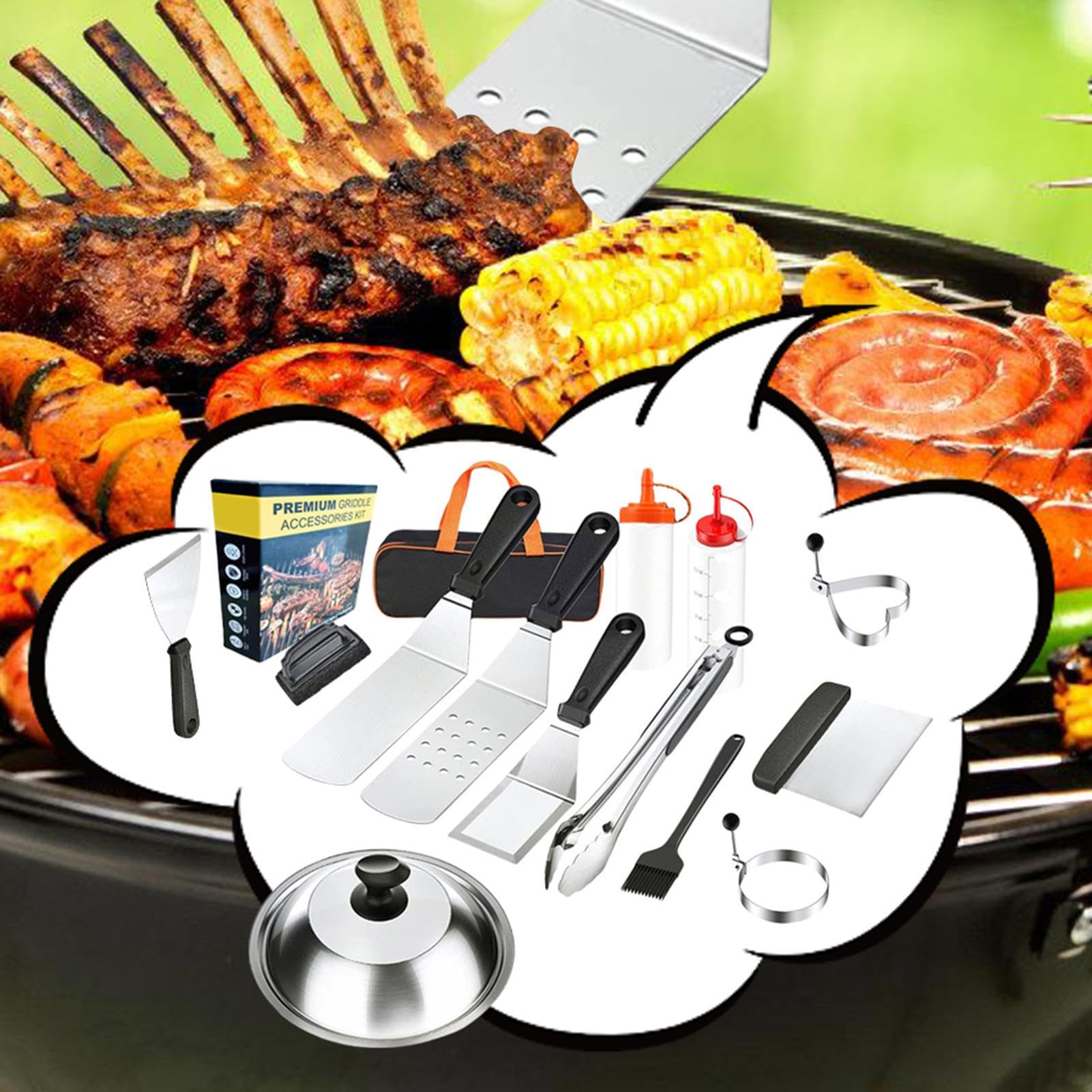Akcesoria BBQ | Przenośny Wytrzymały Zestaw Narzędzi Grillowych Na | Zewnątrz | 14 Sztuk Stal Nierdzewna Przenośne Wytrzymałe Narzędzia Do Przygotowania Potraw Na Camping Taras Warzywa Krewetki