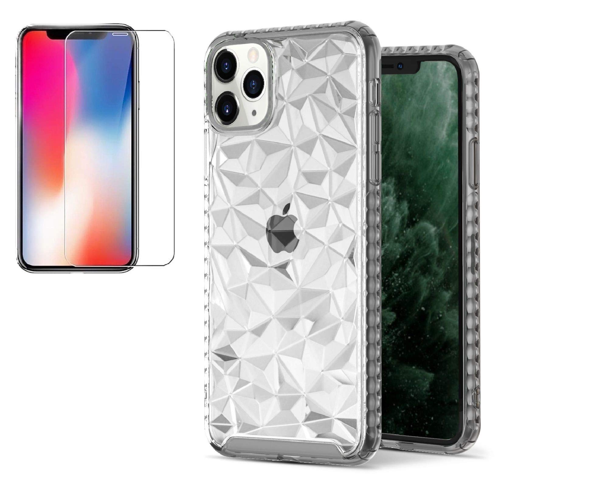 Luxx iPhone 11 Pro Max (6.5") Case 3D Diamond Geometric Design PC + TPU Bumper Case with 9H Tempered Glass Screen Protector Grey