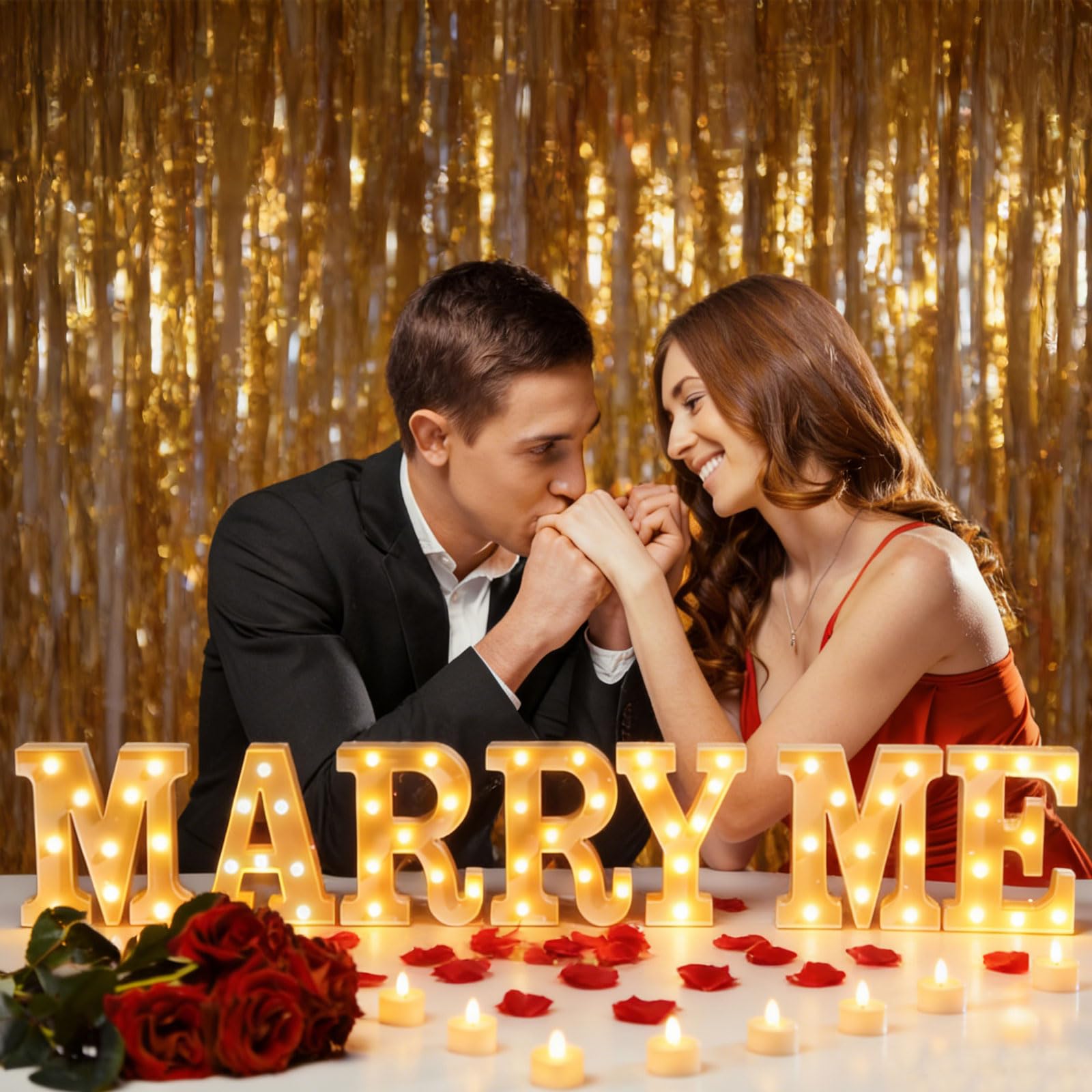 MeYuxg 2031 Stück MARRY ME Leuchtbuchstaben LED-Schild, MARRY ME-Schild mit 24 flammenlosen Herzkerzen, 2000 Rosenblättern für Heiratsantrag, Valentinstag, Verlobung, Hochzeit