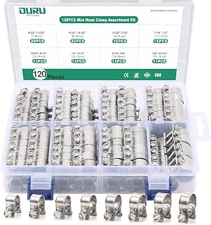 OURU 120PCS 304 Stainless Steel Fuel Line Clamps Kit - 8 Sizes 7-18mm Adjustable Mini Hose Clamps for Automotive, Diesel & Petrol Pipes