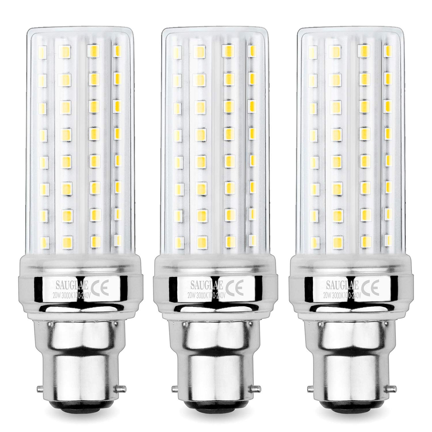 Sauglae Warm White B22 20W Led Corn Bulbs, 150W Incandescent Bulbs Equivalent, 3000K Warm White, 2300Lm, B22 Bayonet Cap Light Bulbs, 3-Pack