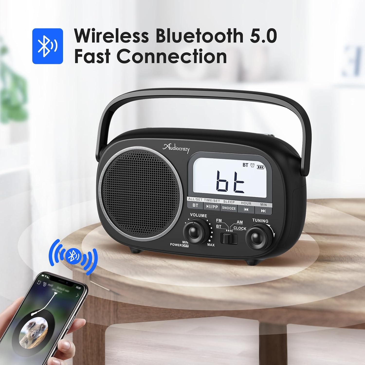 Radio displaying 'bt' with a smartphone connecting via Bluetooth