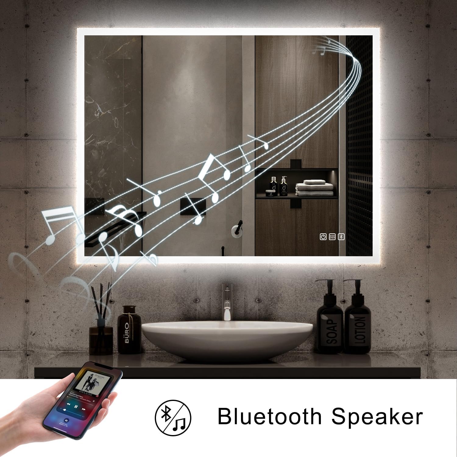 S'bagno 36x28 Bathroom Mirror with Lights, Wall-Mounted Vanity LED Bathroom Mirror, Horizontally/Vertically Hangings Mirror with Bluetooth Speaker, Acrylic Frame, Dimming, Color Changing, Anti-Fog