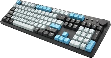 i-rocks K73M Mechanical Gaming Keyboard with Media Control Knob 107 Keys PBT Key Cap Multimedia Hot Key with Removable USB-C Cable Cherry MX Brown Switch, Cyberpunk Blue