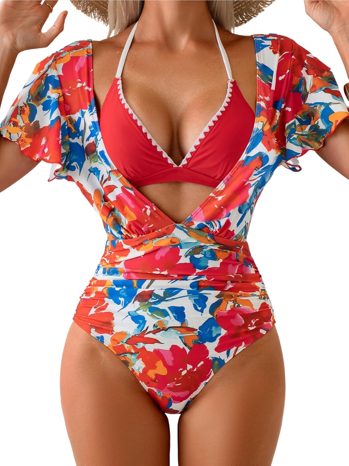 Women's Ruffled One Piece Swimsuit Plunge Bathing Suit Tummy Control Swim Suit with Halter Shell Stitched Bikini Top