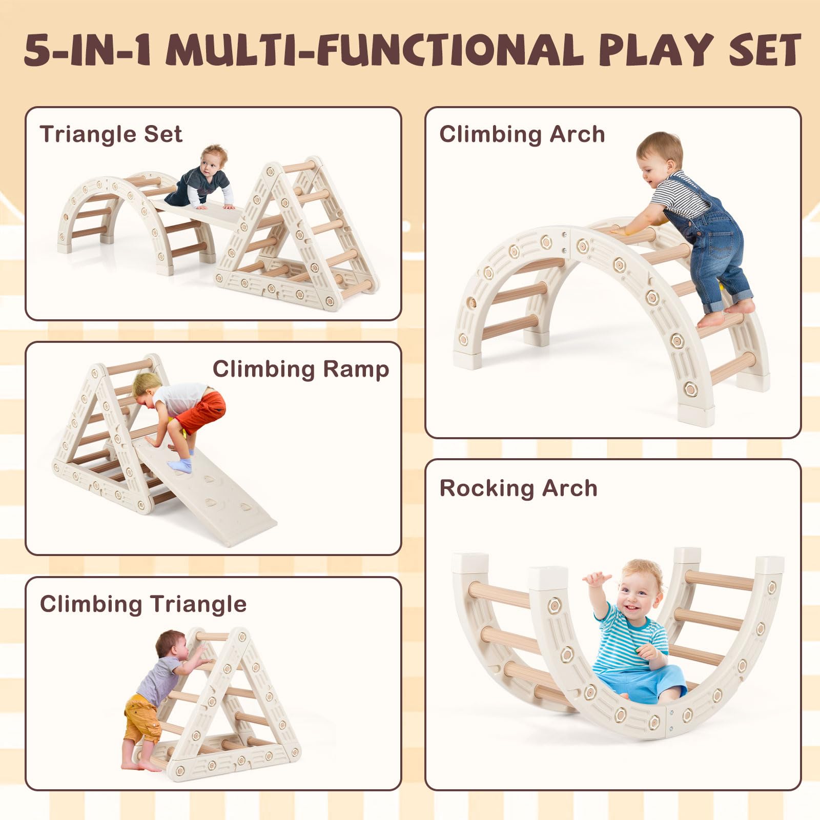 FANTASK Montessori - Set da arrampicata 5 in 1, con scivolo e triangolo in legno, giocattolo da arrampicata con rampa bifacciale, giocattolo per bambini dai 3 ai 6 anni