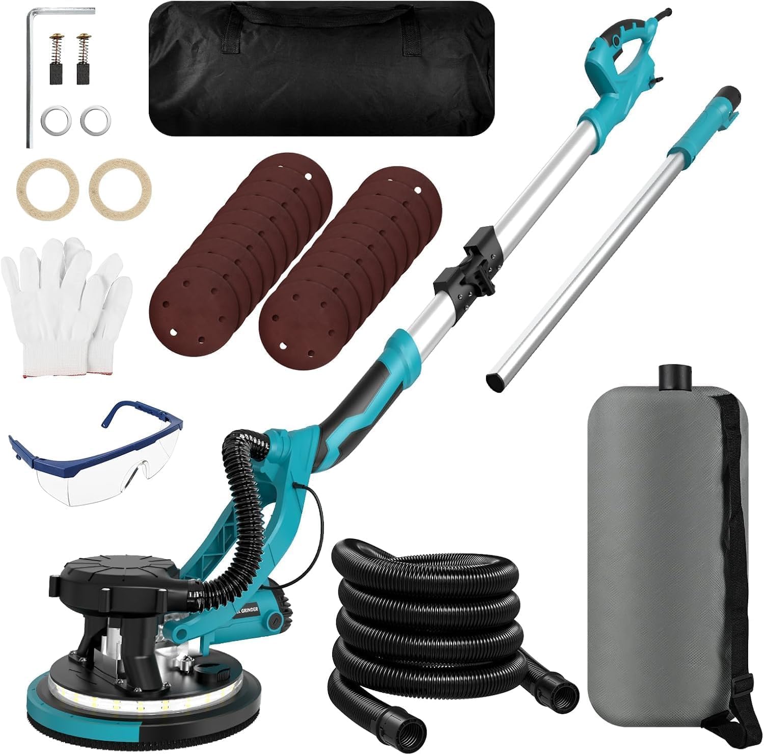 Drywall Sander, 1250W 11.5-Amp Electric Drywall Sander with Vacuum, Popcorn Ceiling Removal Tool with Variable Speed 800-1800RPM, Foldable & Extendable Handle, LED Light, 18pcs Sanding Discs Blue