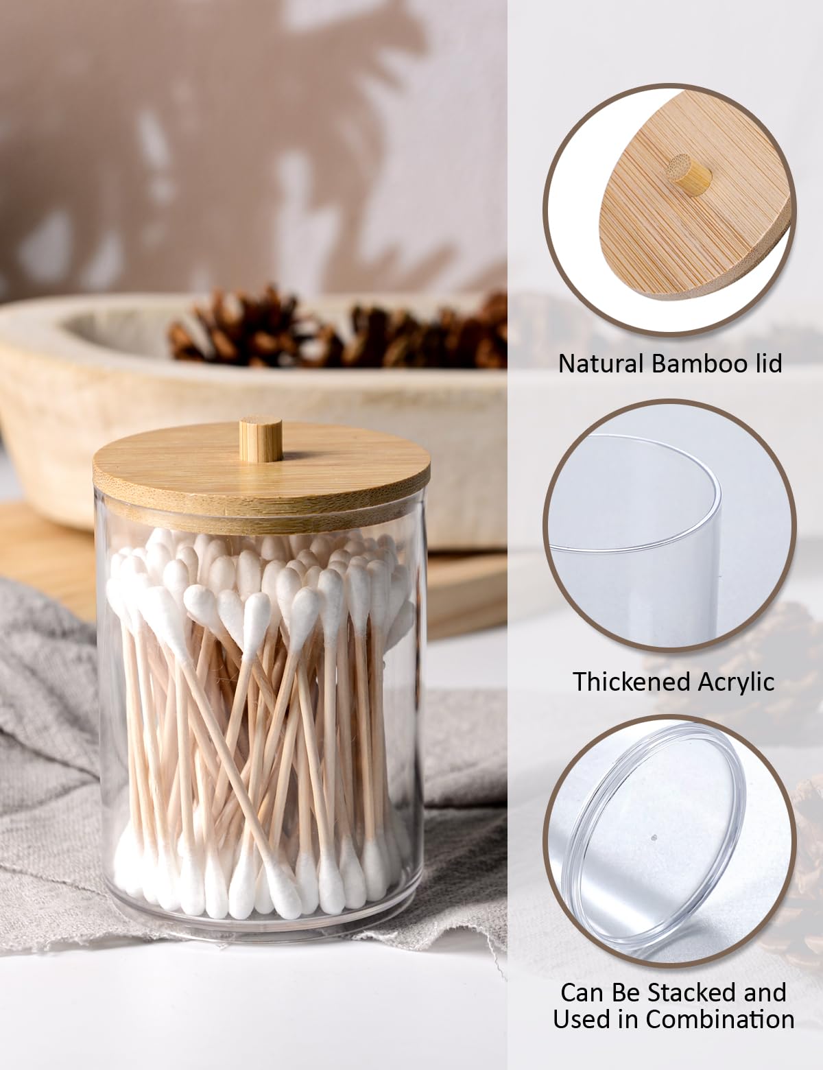 INCETUE 4PCS Cotton Pad Holder with Bamboo Lid for Bathroom Storage Acrylic Cotton Swab Dispenser - Image 4