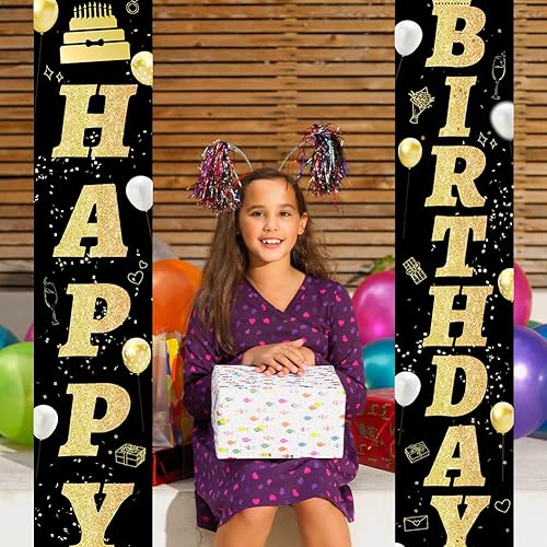 Miniatura 6 de SUPERDANT Cartel de feliz cumpleaños para porche, color negro y dorado, letrero colgante de cumpleaños, letrero de feliz cumpleaños, letrero de