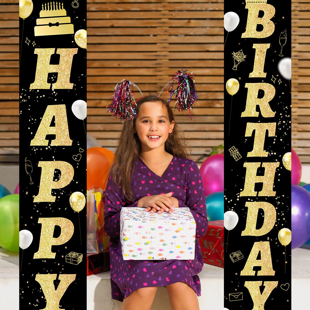 SUPERDANT Buon Compleanno Banner Nero e Oro Appeso Compleanno Portico Cartelli Buon Compleanno Yard Signs Appeso Bandiera Distico Porta Unione Bandiera Appesa per Decorazioni per Feste