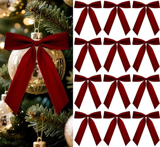 Glitinsel 12 Pcs Burgundy Velvet Ribbon Bows 7 x 10 Inch Premade Christmas Velvet Bows with Twist Tie for Gift Wrapping Indoor Outdoor Christmas Tree Wreaths Door Windows Party Decoration - Burgundy - 12