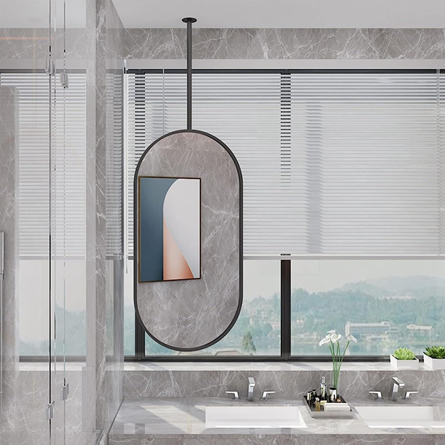 Miroir flottant salle de bain noir avec perche de suspension 40x60
