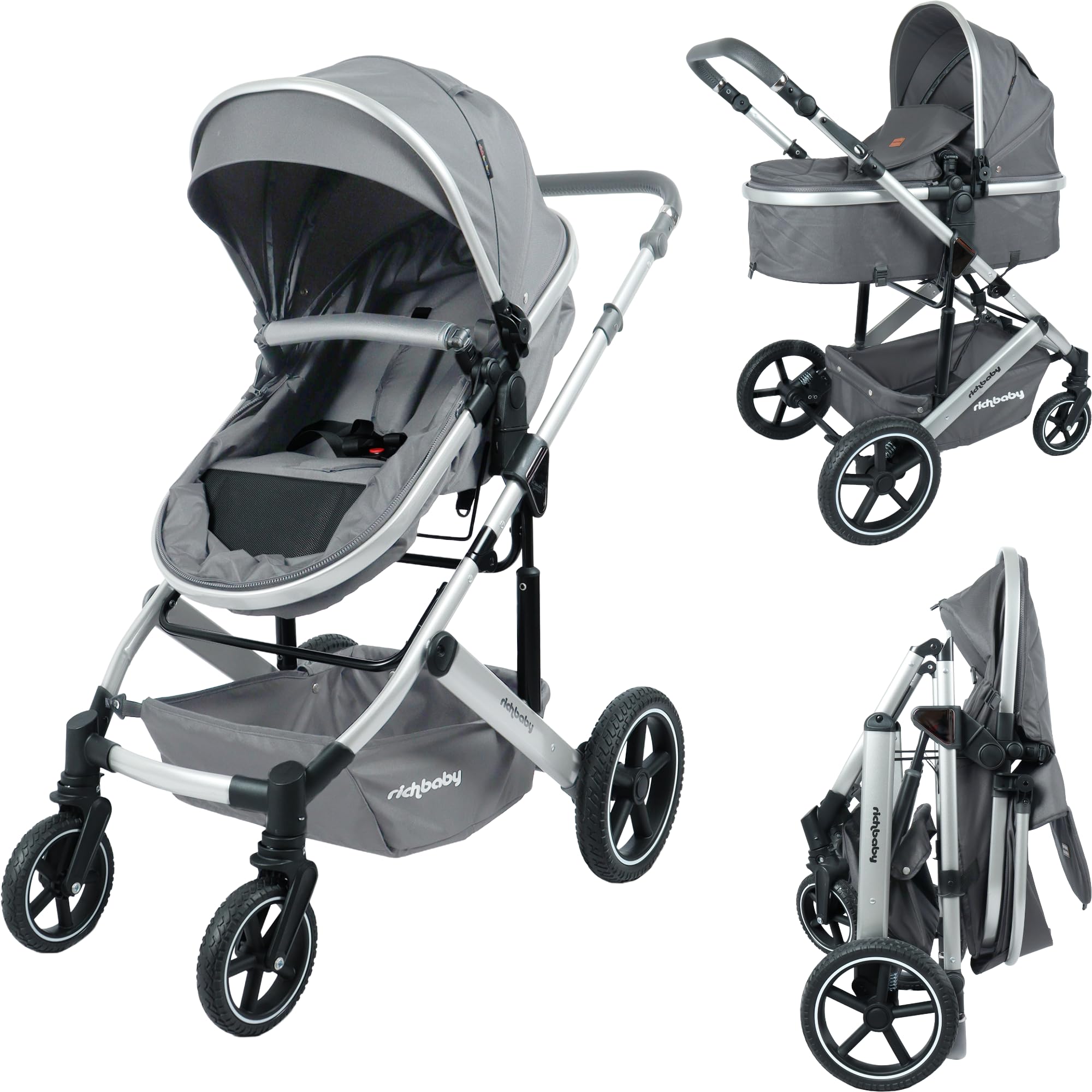 RichBaby Carrozzina Cruise – Pieghevole con una sola mano, reversibile, sospensione a tutte le ruote, telaio ammortizzante, cappuccio estensibile, nascita fino a 15 kg (3 anni), grigio