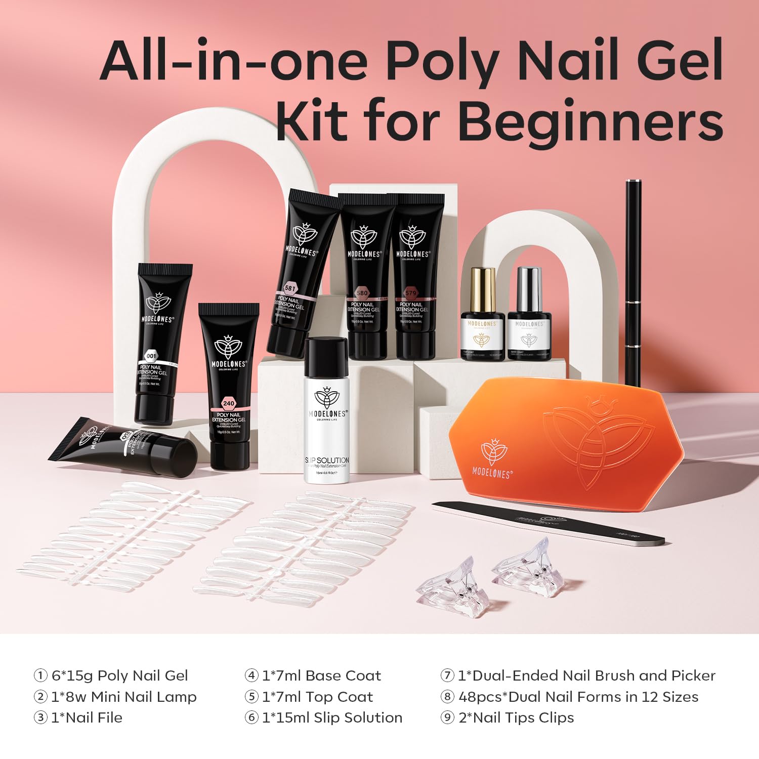 modelones Poly Nail Gel Kit 6 Colors with 8 W Lamp Polygel Toenail Kit Nail Extension Gel Kit Nude Clear Pink Natural Complete for Beginner Thickening Solutions DIY at Home for Women