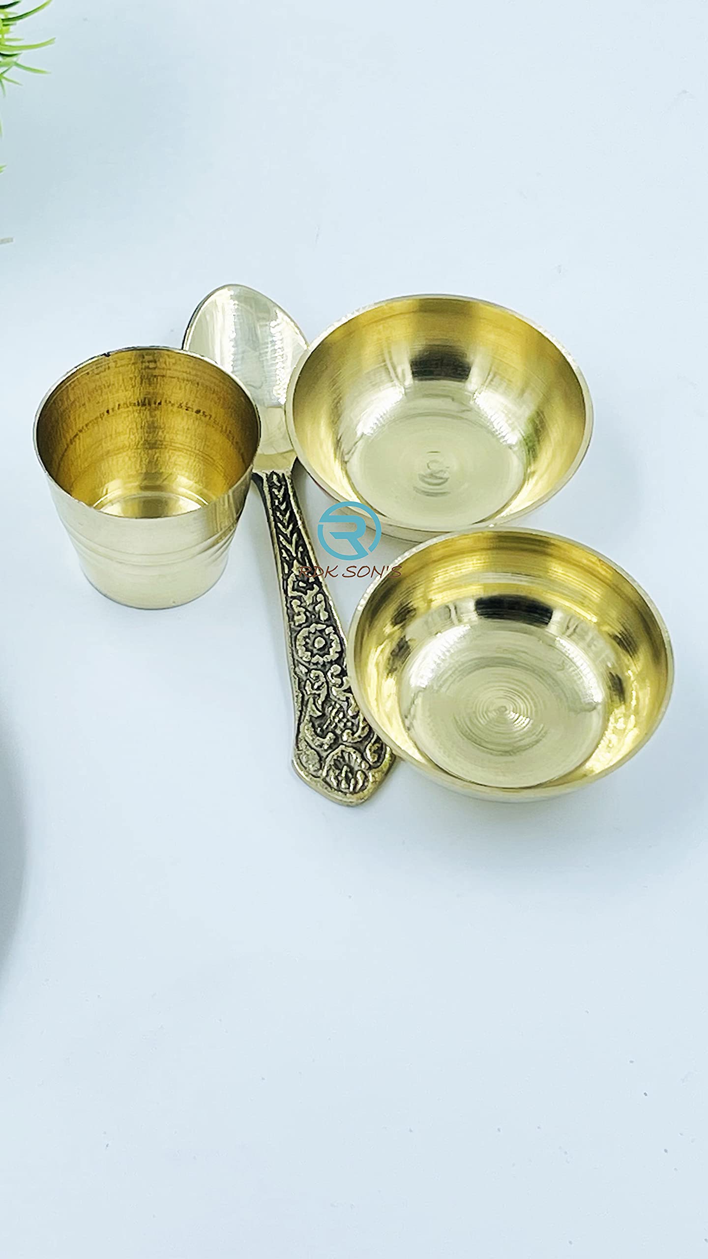 RDK SON'S Brass Pooja Thali for Ladoo Gopal Bhog | Thakurji Bhog Thali with Glass, Two Bowl and Spoon (Set of 5) 2