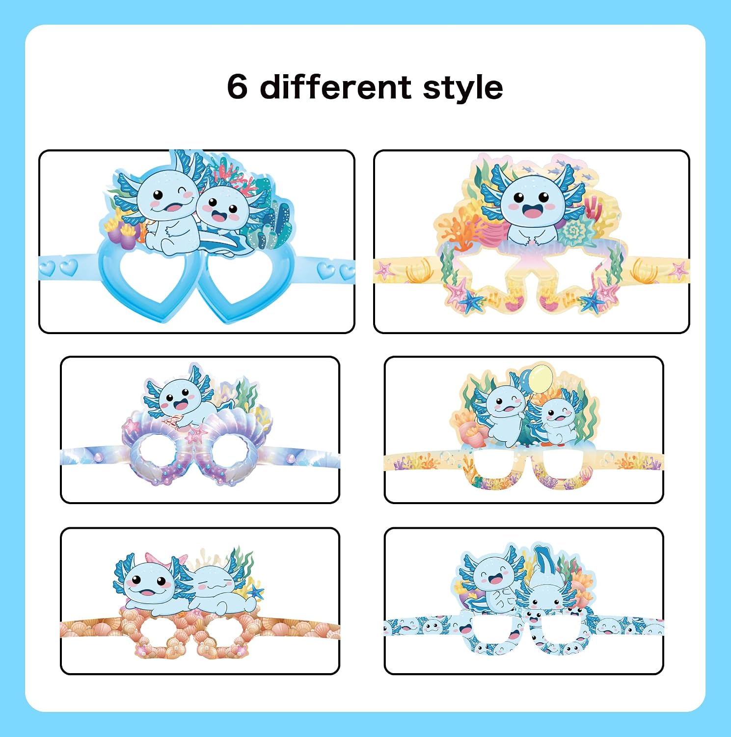 12Pcs Blue Axolotl Themed Party Favor Paper Glasses Birthday Party Supplies Decoration Glasses Photo Booth Props for Blue Axolotl Party Decorations