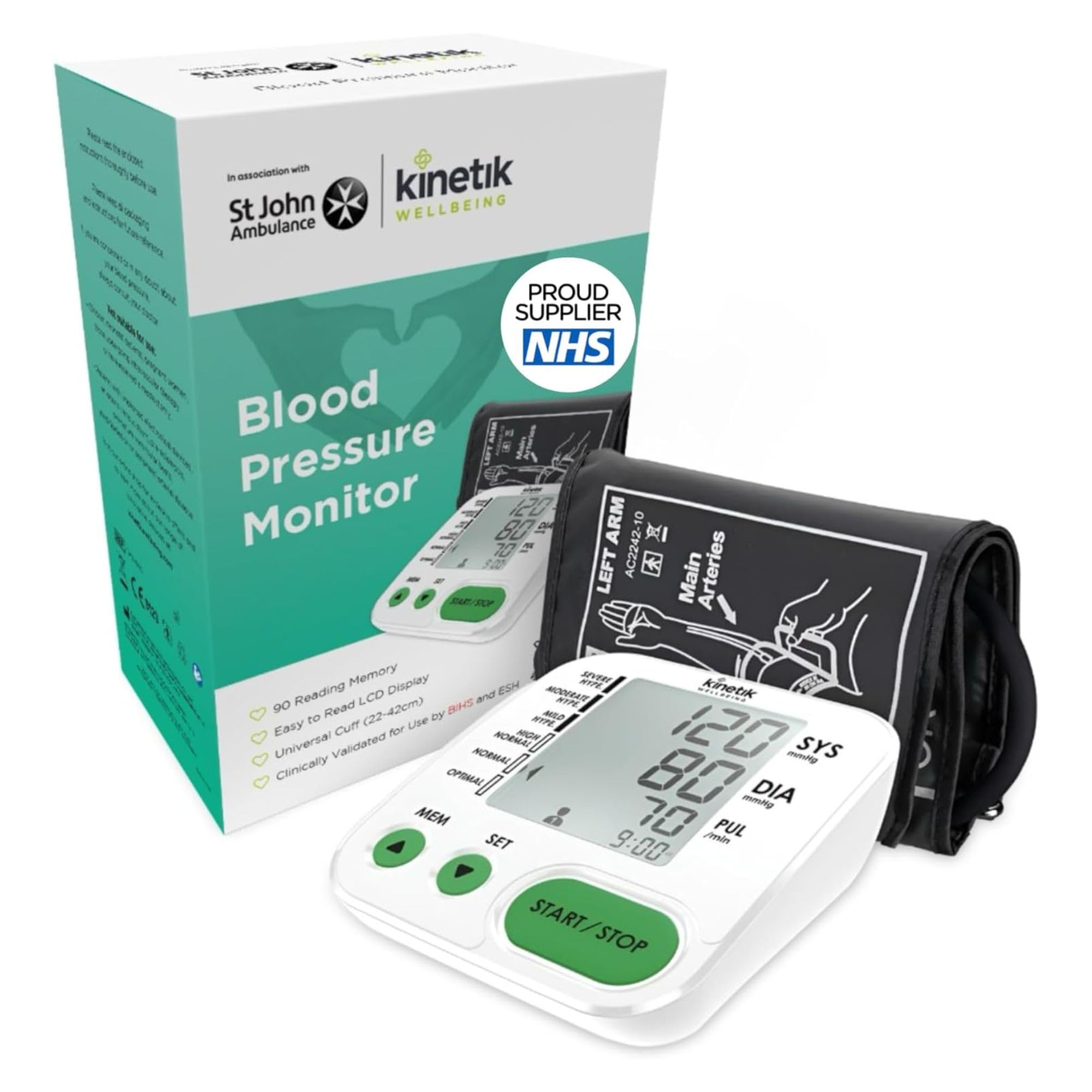 Kinetik Wellbeing Home Use Blood Pressure Monitor - Used by the NHS - Fully Automatic Upper Arm Blood Pressure Machine with Universal Cuff (22-42cm), Digital Sphygmomanometer Tester Kit