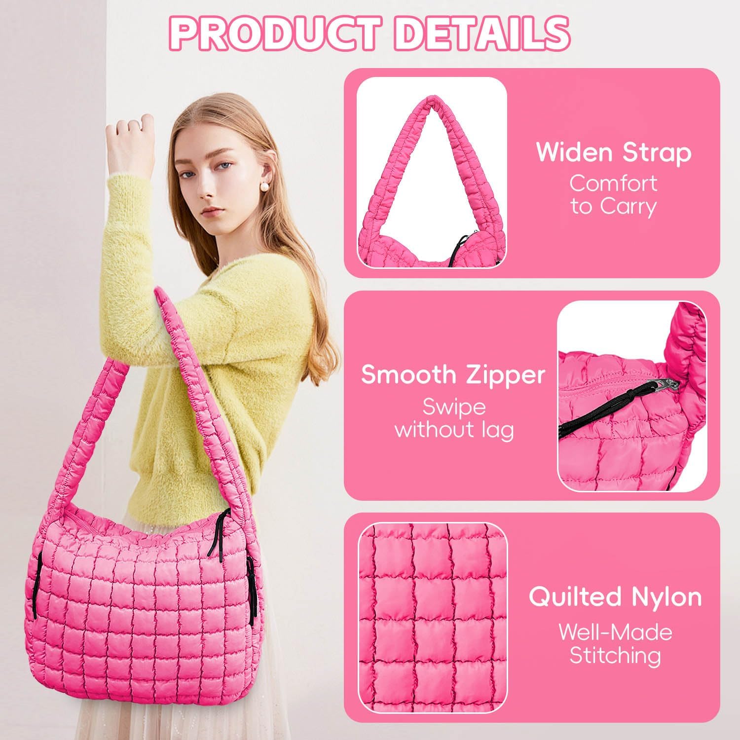 Puffer Tote, Quilted Puffer Hobo Bag, Lightweight Puffy Quilted Shoulder Bag for Work, Gym, Travel - Image 2