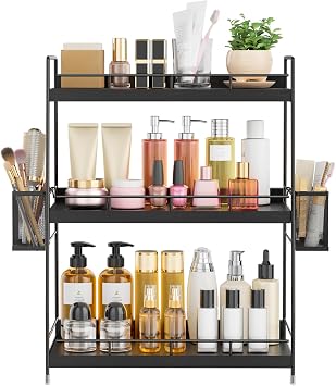 3 Tier Bathroom Counter Organizer with Side Baskets, Wooden Vanity Shelf