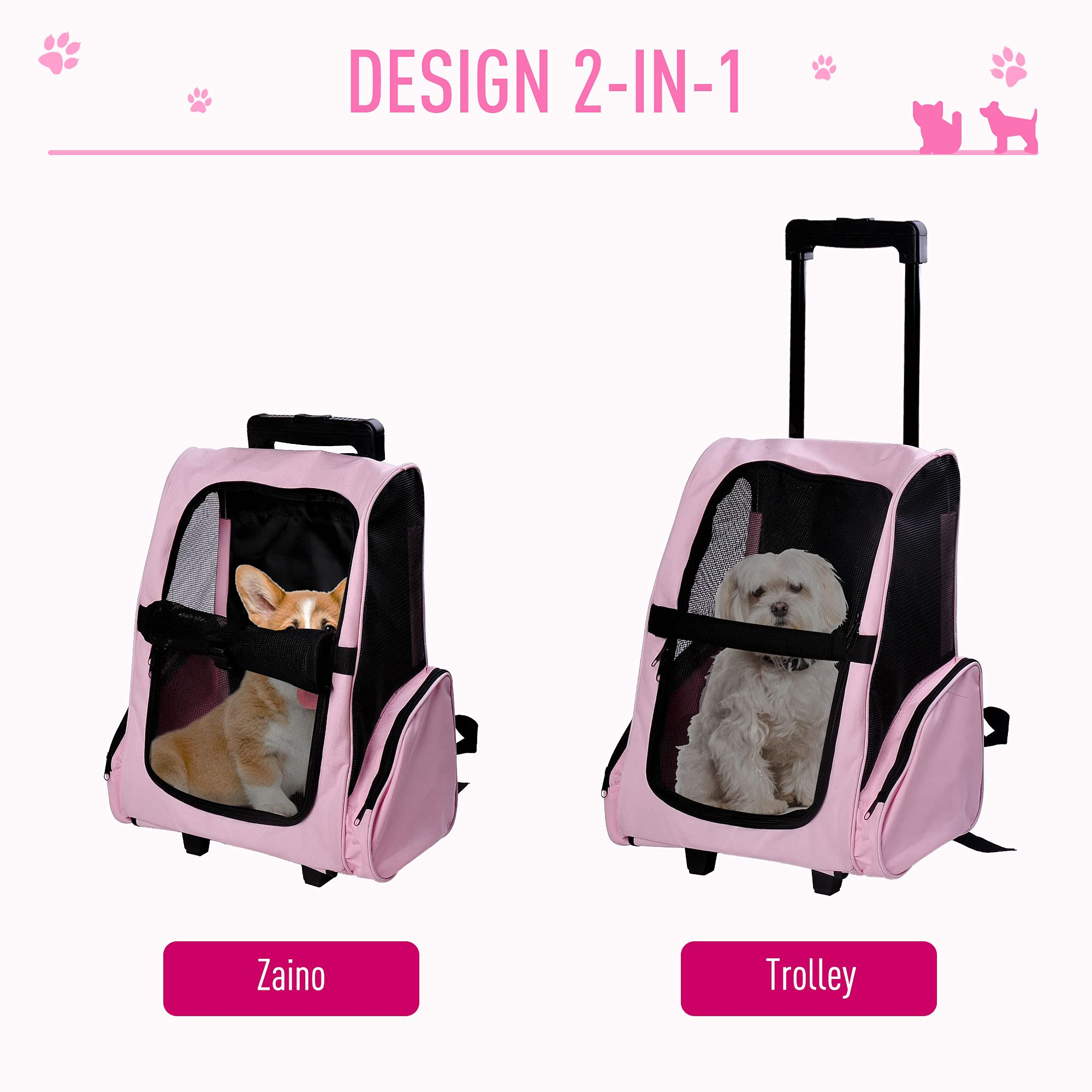 PawHut Trasportino Zaino 2 in 1 per Cani e Gatti, 42x25x55cm, Rosa