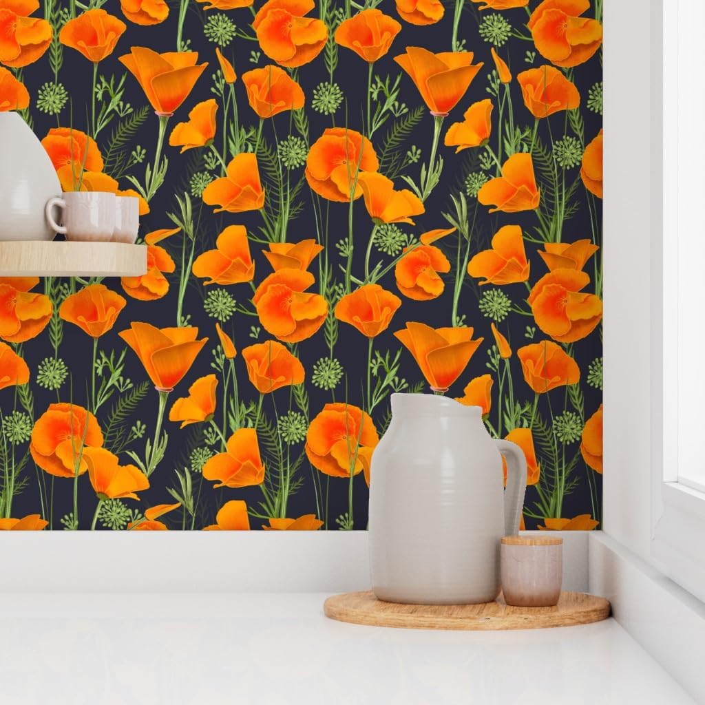 Peel & Stick Wallpaper 3ft x 2ft - Poppies Poppy Orange Blue Floral Art Navy Flower Custom Removable Wallpaper by Spoonflower