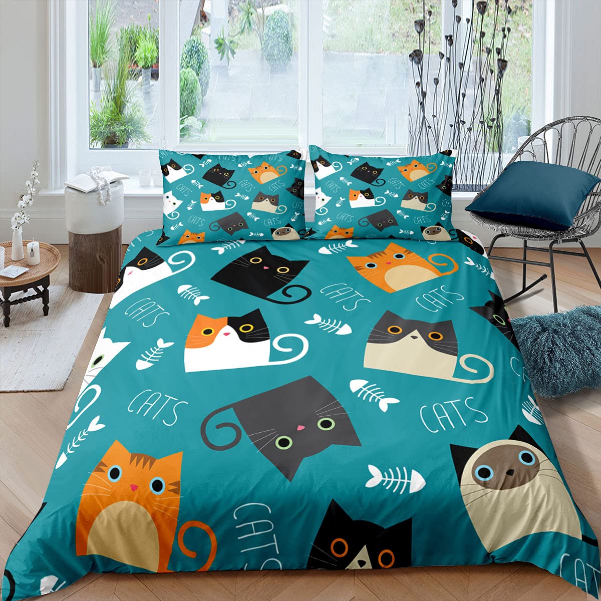 Juego de Funda Nórdica de Animales Lindo Gato Cat Azul Gris Beige Jardín Gatito Niña Juego de Cama Microfibra Niños Funda de edredón y Funda de Almohada (Color5, 180x210 cm,Cama 105 cm)