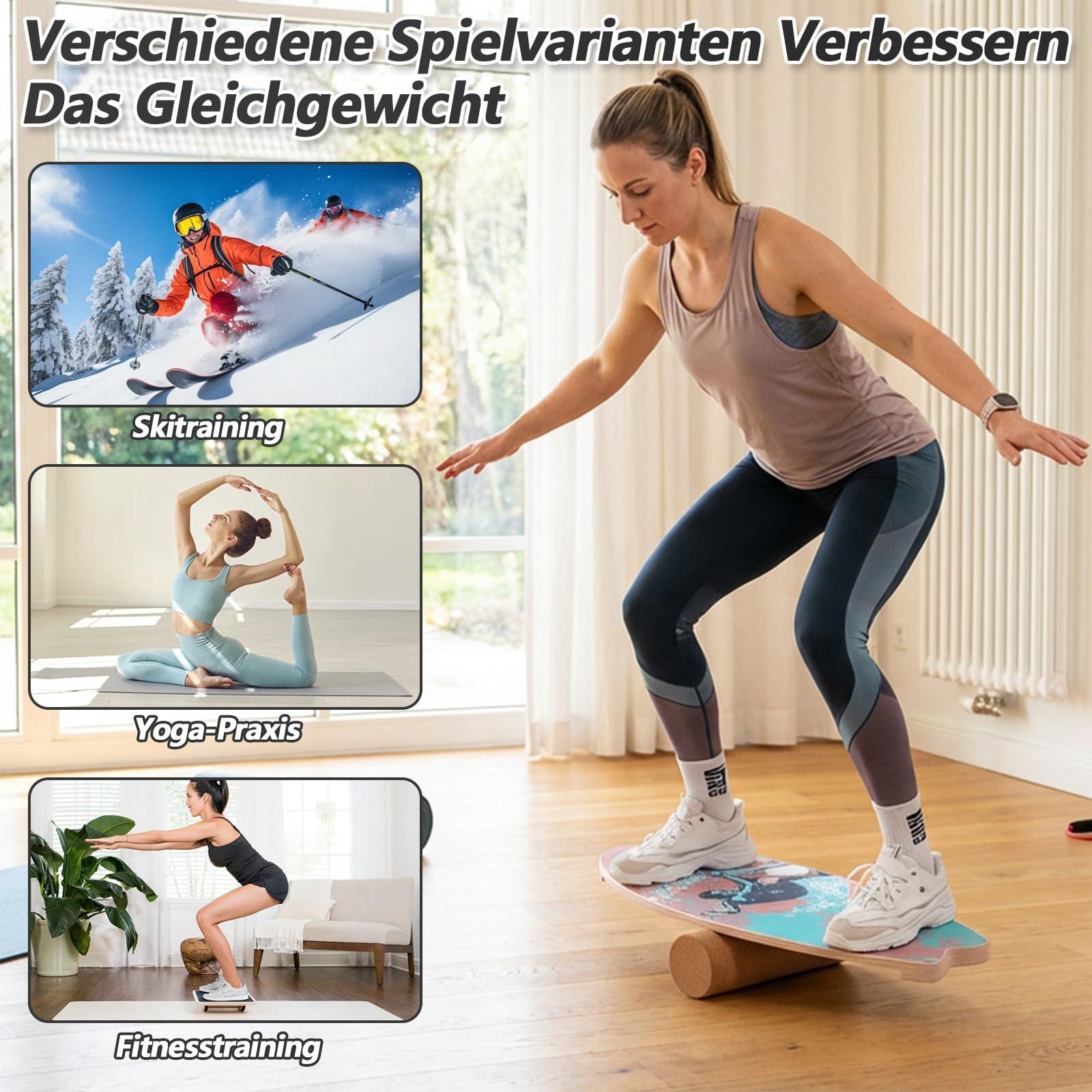 Surfin Balance Board, Balance Board Erwachsene mit Rolle, Balance Board Holz, Rutschfest, 150 Kg Belastbar, Indoor Surfboard und Gleichgewichtsboard – Ideal für Anfänger & Profis