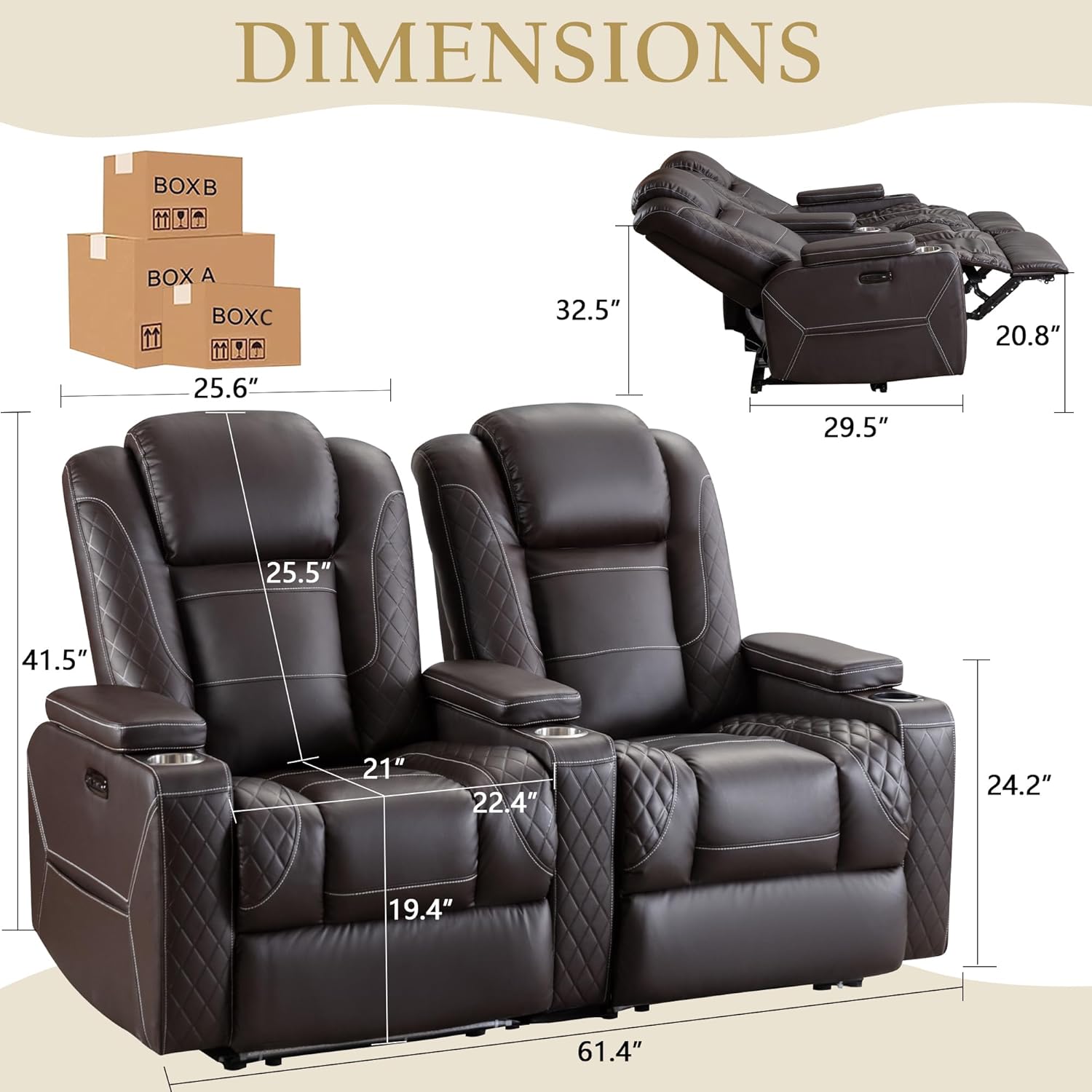 TUNYI Home Theater Recliner Chair - Power Recliner Sofa Chair with Adjustable Headrest Faux Leather Reclining Chair with USB/Storage/LED Light/Cup Holder (Brown, 2 Seat)