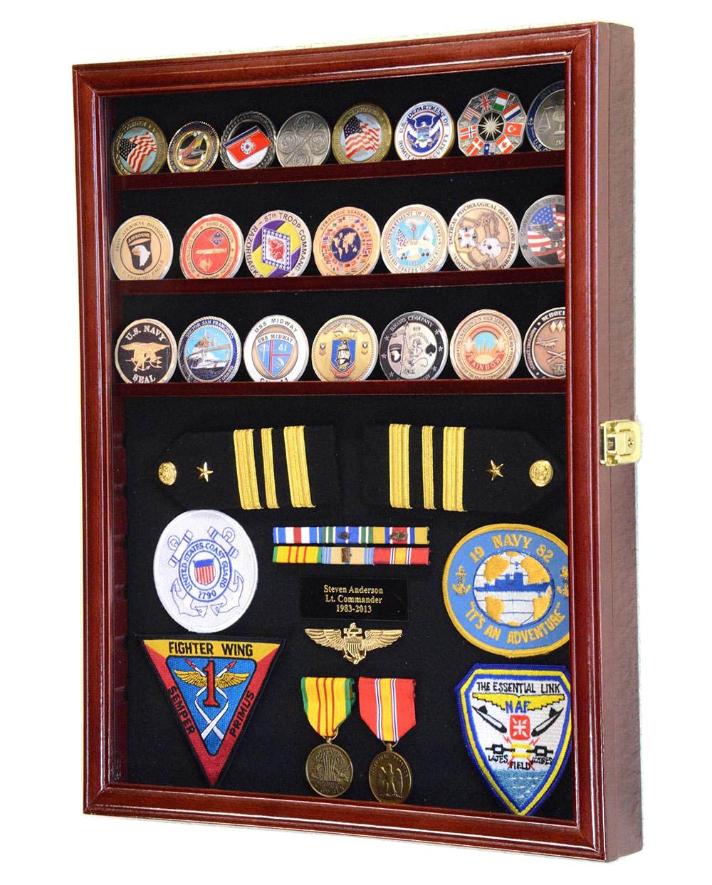 Challenge Coin/Medals/Pins/Badges/Ribbons/Insignia/Buttons Chips Combo Display Case Box Cabinet (Cherry Finish)