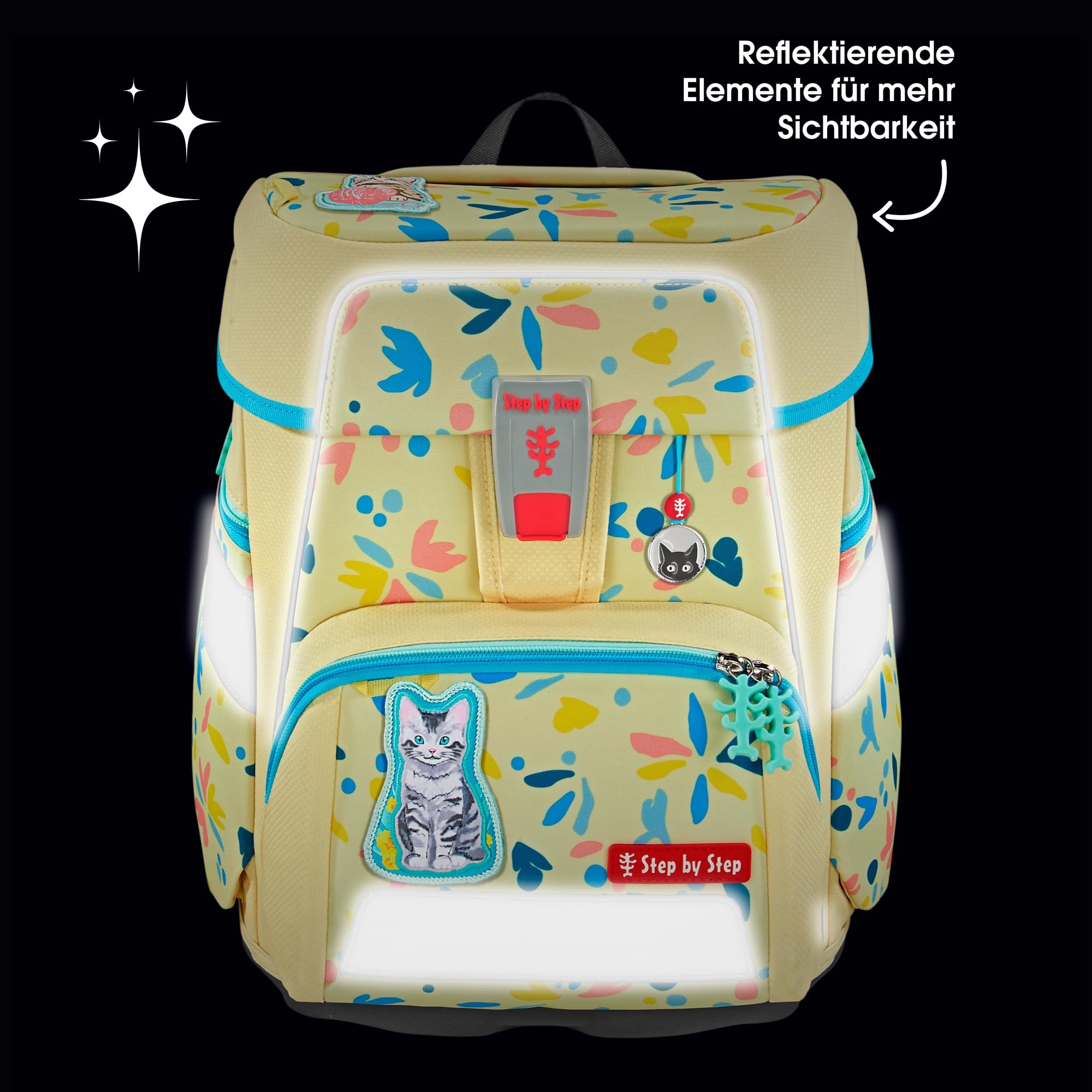 Step by Step Schulranzen-Set Space „Cat Lilly“ 5-teilig, gelb, Katzen-Design, ergonomischer Tornister mit Reflektoren, höhenverstellbar mit Hüftgurt für Mädchen ab der 1. Klasse, 20L