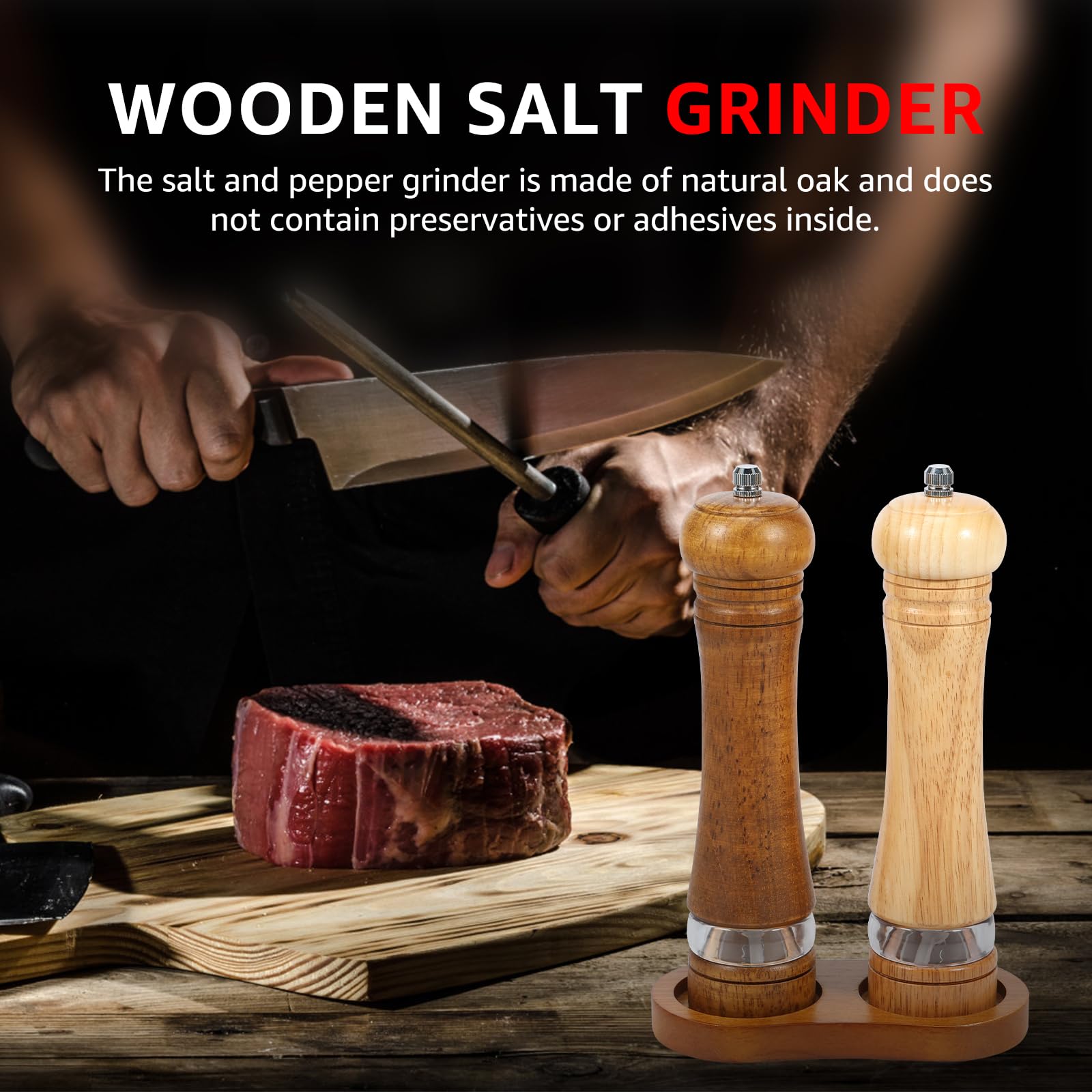 Wood Salt and Pepper Grinder Set, Coarseness Adjustable Salt and Pepper Shakers with Ceramic Core Manual Salt Pepper Mill Grinder with Acrylic Visible Window Rustproof Salt and Pepper Mill Set