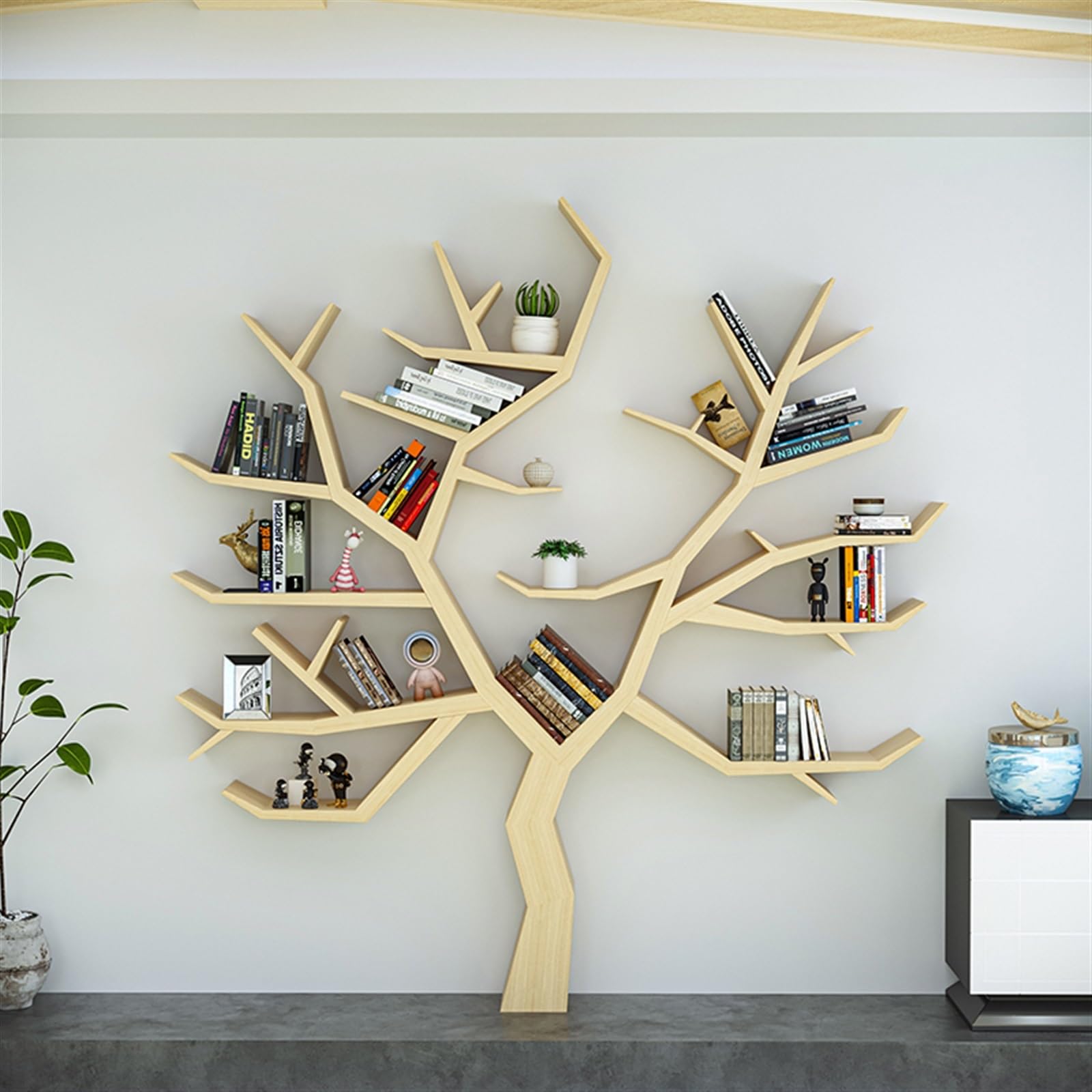 Regal Wand Kreatives Kunstbaum-Bücherregal aus massivem Holz, Eckwandregal im Büro-Wohnzimmer, vom Boden bis zur Decke reichendes Bücherregal Wandregal