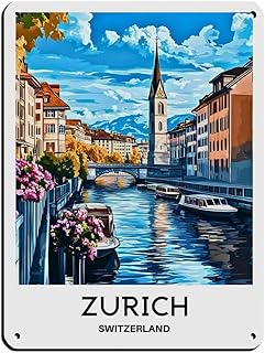 ALACOOYA Retro Travel Poster Zurich Switzerland Retro Poster Metal Tin Sign Chic Art Retro Iron Painting Bar People Cave Cafe Family Garage Poster Wall Decoration Style12x16inch(30x40cm)