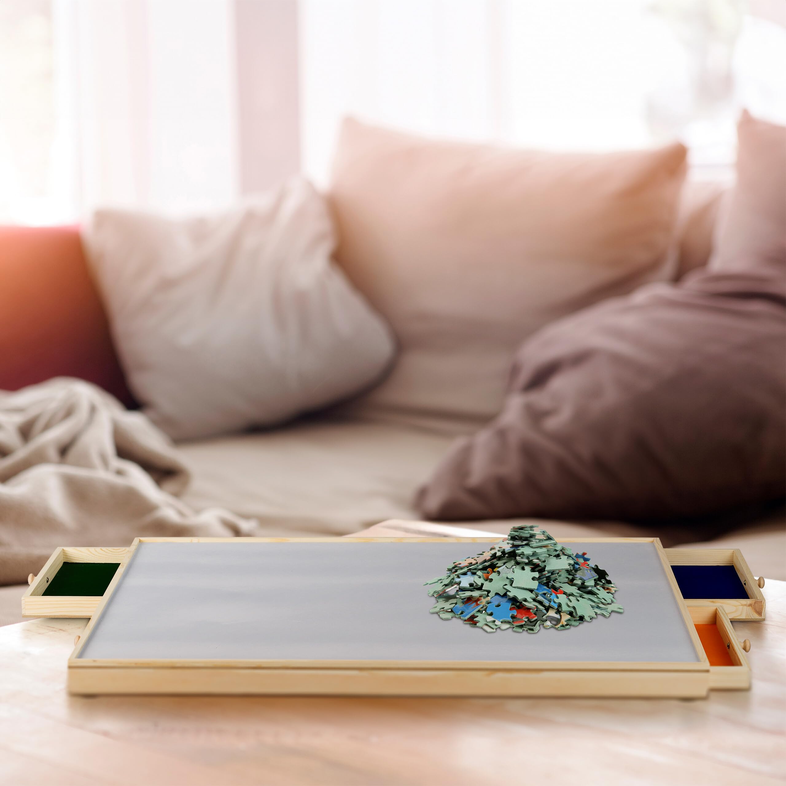 Relaxdays Tablero para Puzzle, 4 Cajones Extraíbles, para Rompecabezas de hasta 1000, Base Guardapuzles, Madera, Natural