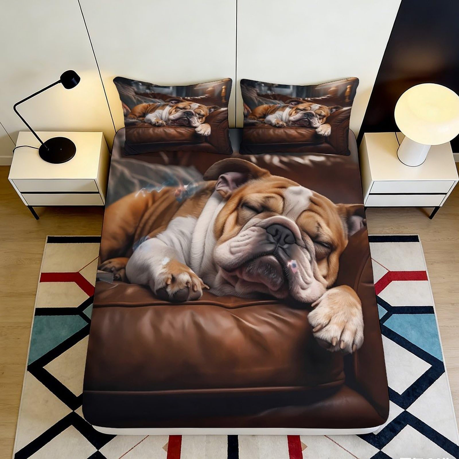 3D Printed Sleeping Bulldog Fitted Sheet Microfiber Non-Slip Bed Cover for Bedroom Dorm Easy Machine Wash Decor 90x200x25cm