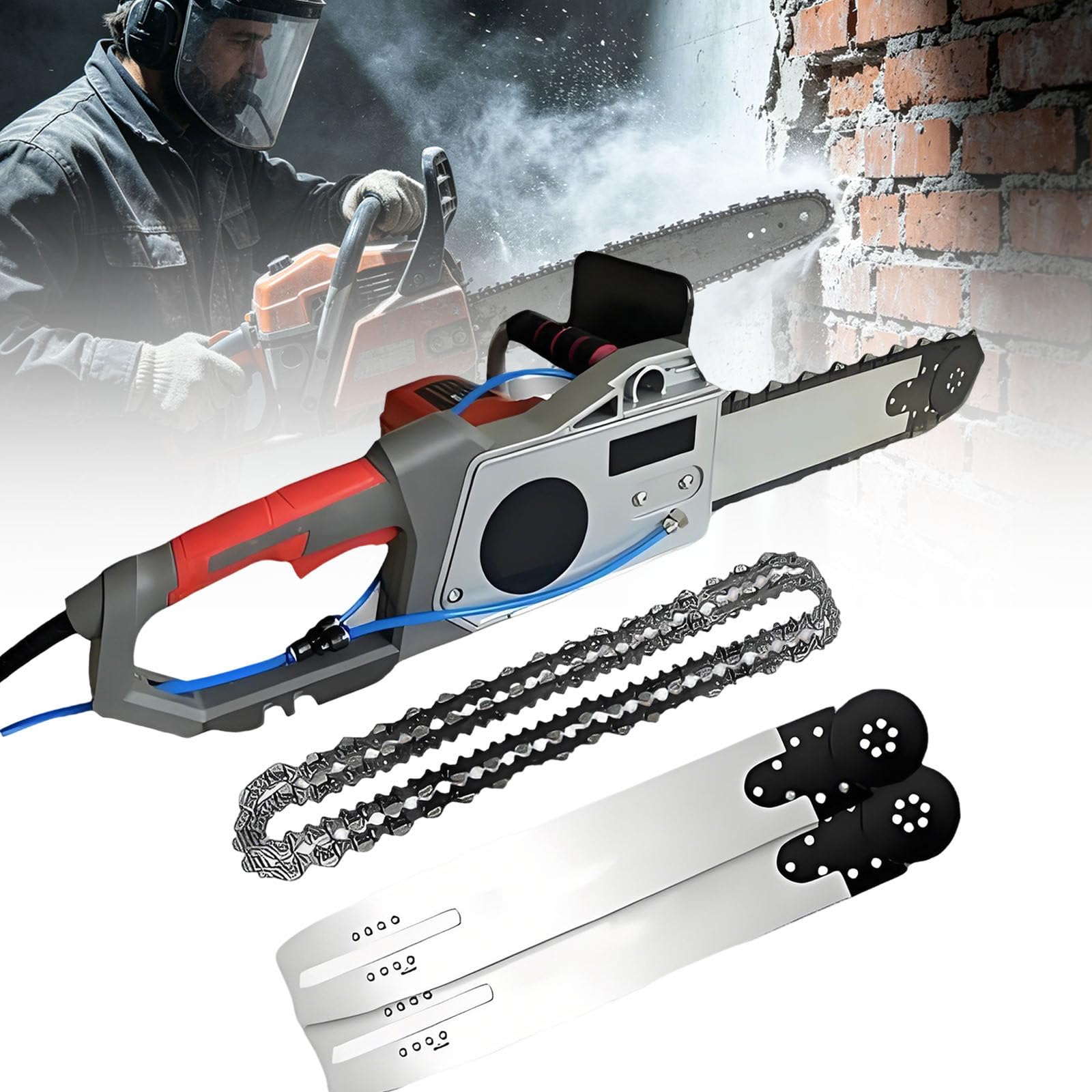 Ymnogjie Handheld Brushless Chainsaw,Electric Concrete Chain Saw,Diamond Chain Wall Cutte with Water Fed Dust Suppression,2 Chains/2 Guide Bar,for Granite,Reinforced Concrete 48cm