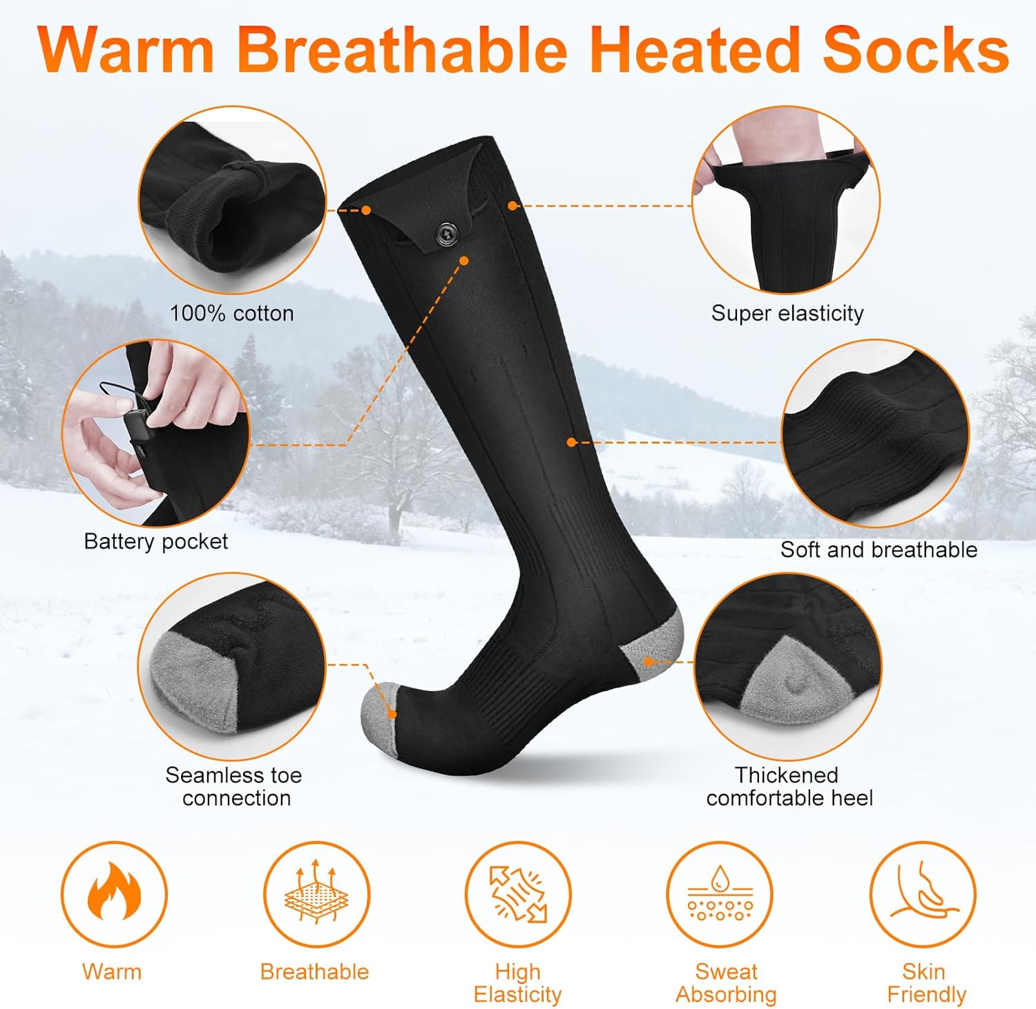 Heated Socks, 6000mAh Rechargeable Electric Socks for Men Women with APP Control, Washable Winter Warm Thermal Socks with 4 Heating Levels for Ski Hunting Cycling Camping Hiking Motorcycle Black - Image 5